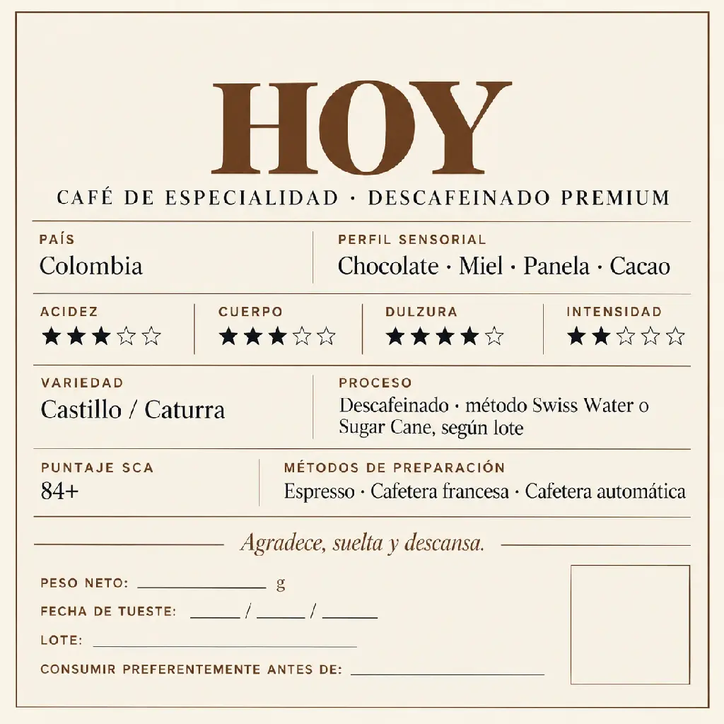 Etiqueta de café descafeinado colombiano.webp